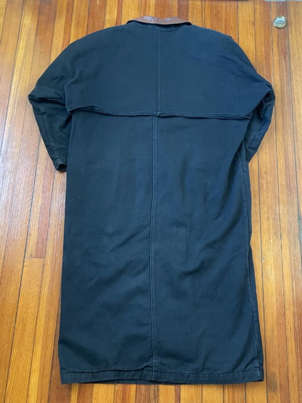 Black Denim Trenchcoat with Colorful Flannel Lining and Brown Leather Collar - Picture 6 of 6